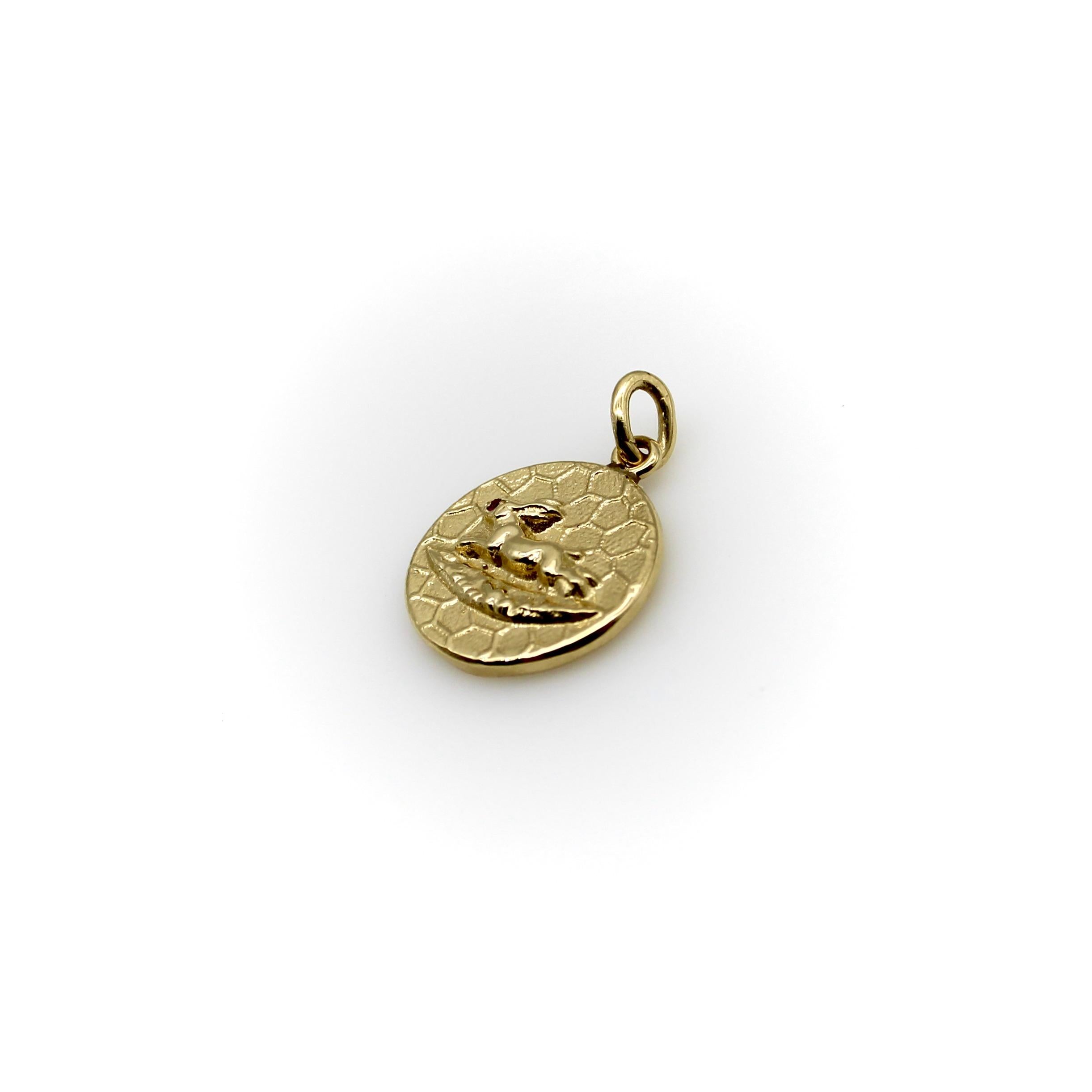Single Cut 14k Gold Victorian Inspired Signature Running Rabbit Pendant-Charm with Ruby Eye For Sale