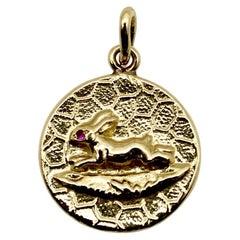 14k Gold Victorian Inspired Signature Running Rabbit Pendant-Charm with Ruby Eye