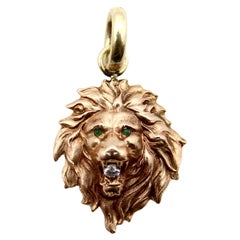 14K Gold Victorian Lion Charm with Emerald Eyes and Diamond 