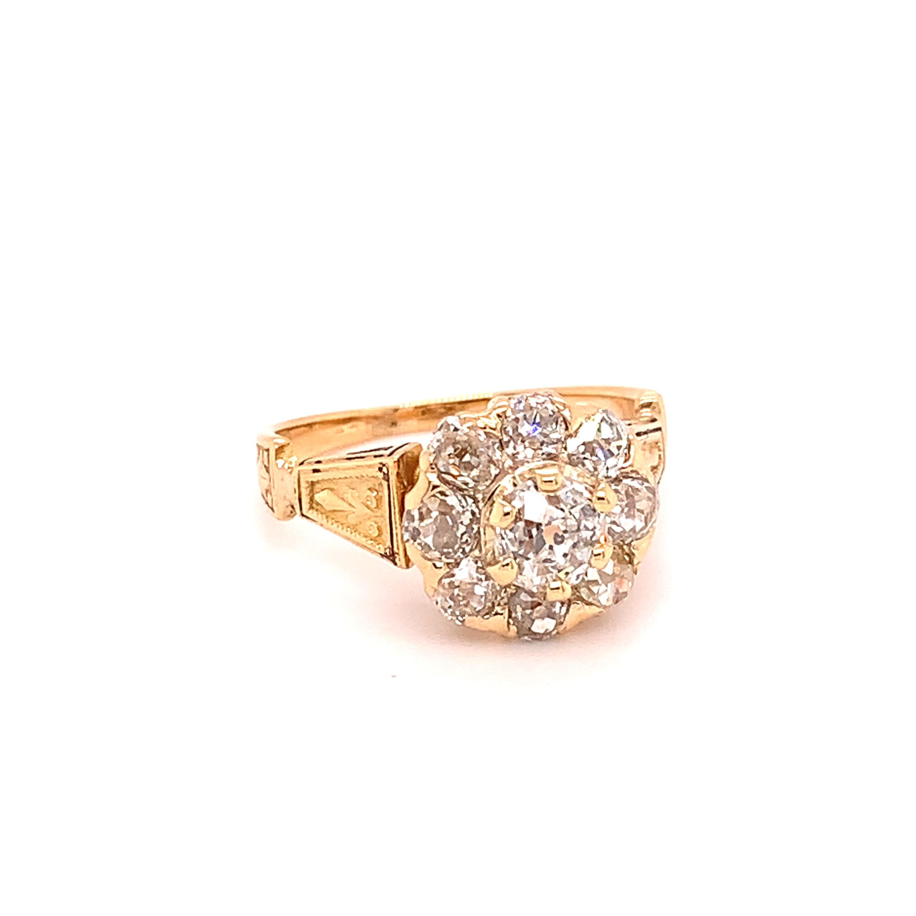 14k Gold Victorian Mine Cut Genuine Natural Diamond Ring 1.61 Carats TW (#J4863)

14k yellow gold Victorian diamond ring with 1.61 carats total weight of antique mine cut diamonds. The center diamond weighs .61cts and measures about 5mm. There are
