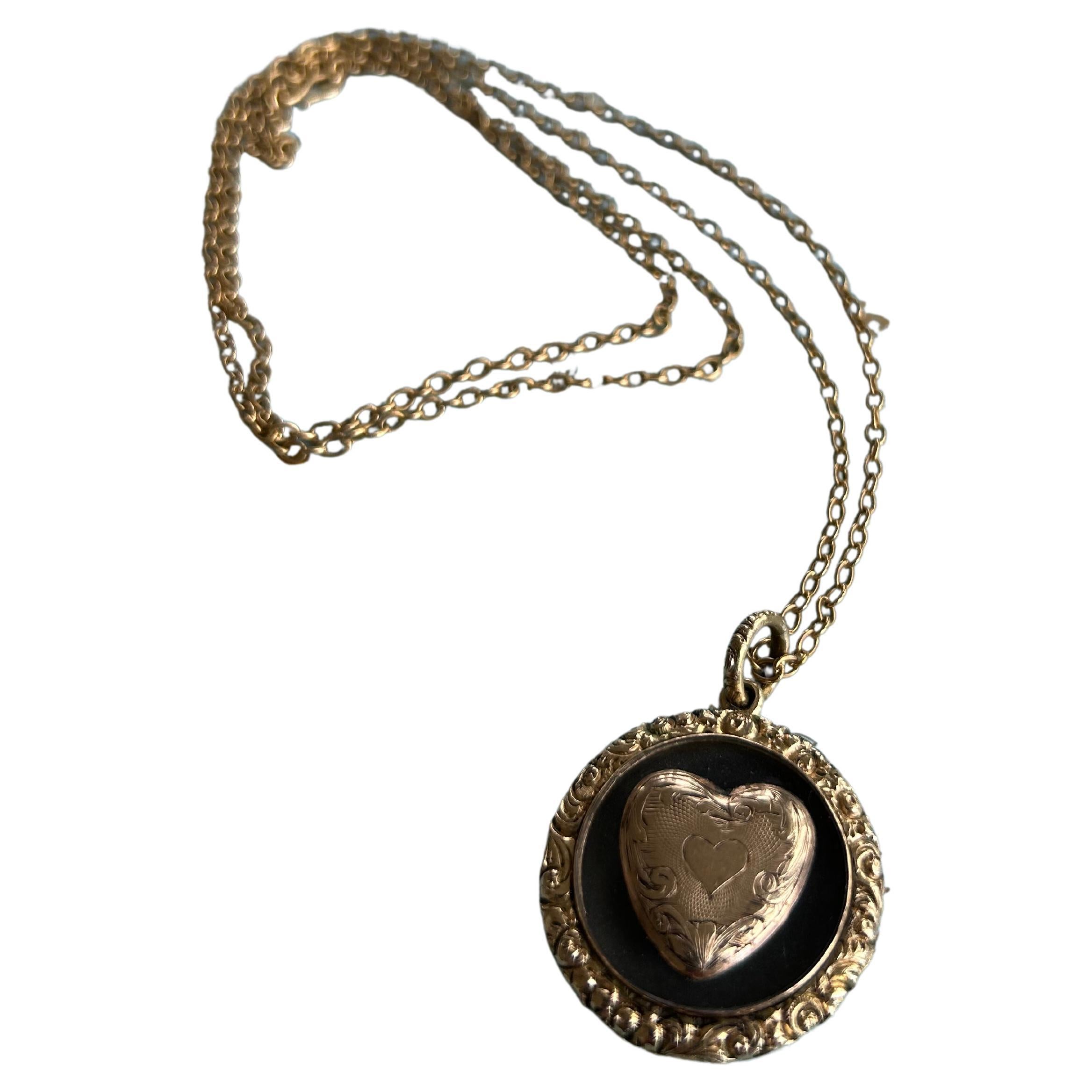 14k Gold Victorian Mourning Necklace with a Heart Motif. 29.5 inches