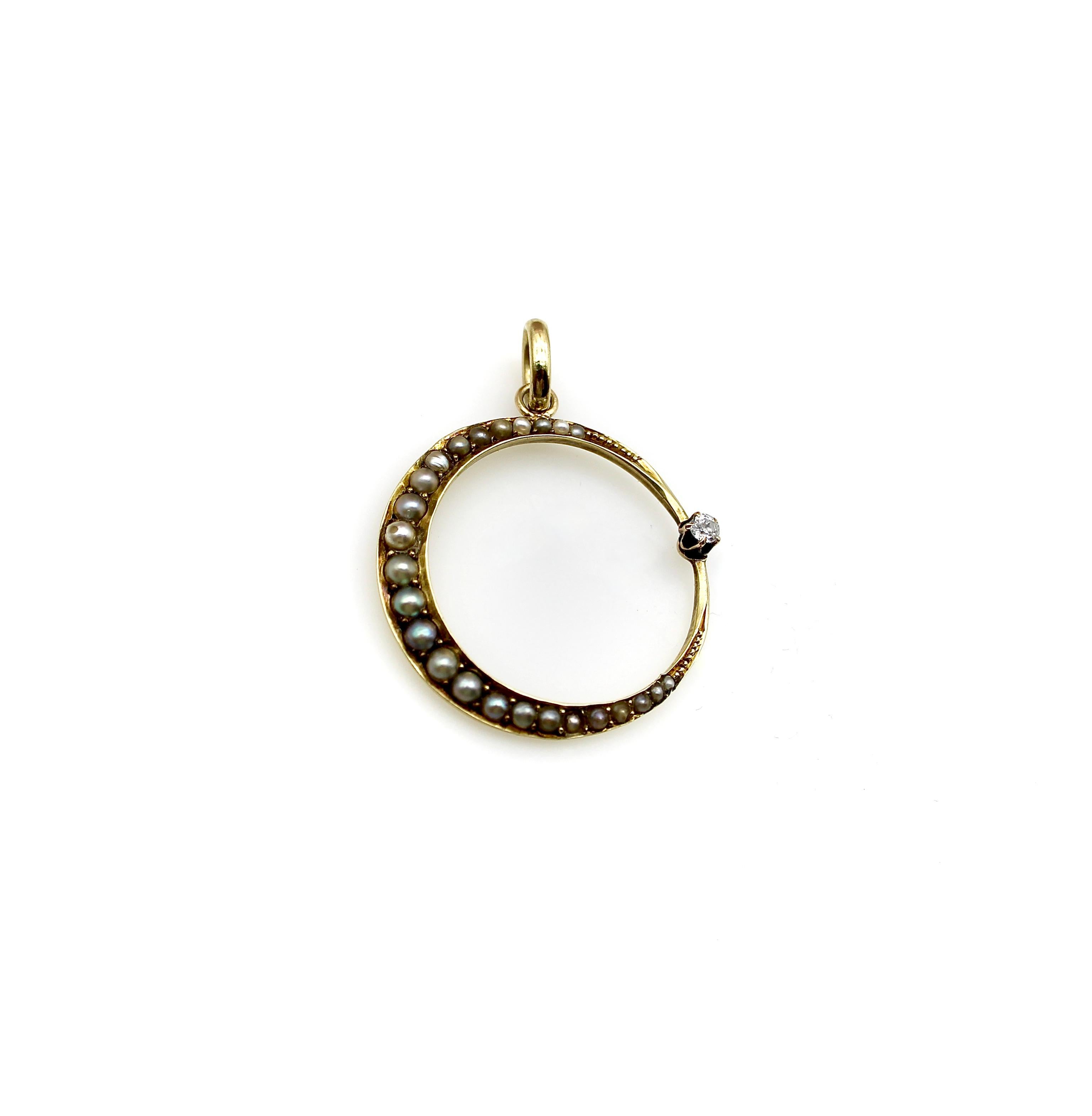 Old Mine Cut 14K Gold Victorian Pearl and Diamond Crescent Moon Pendant 