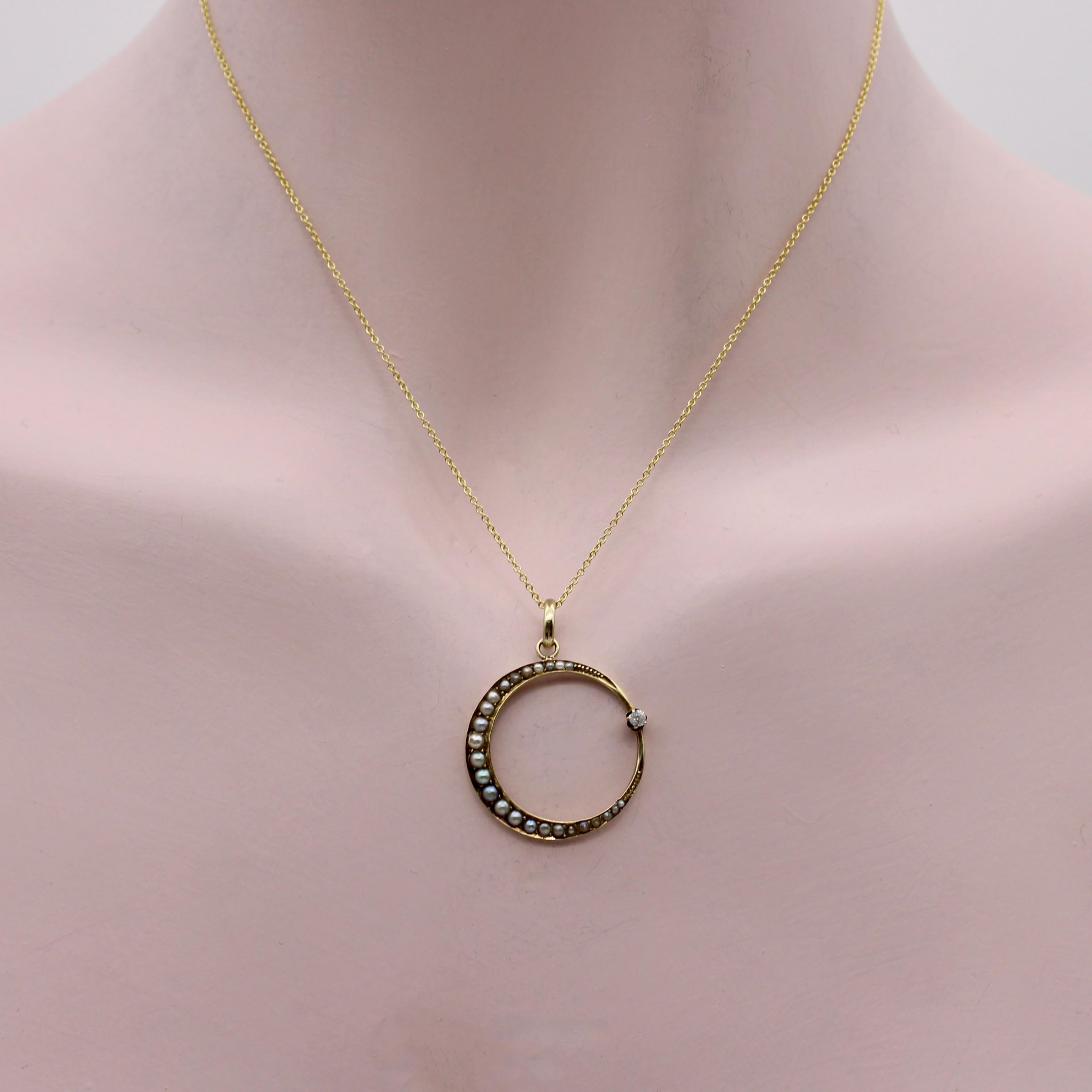 14K Gold Victorian Pearl and Diamond Crescent Moon Pendant  In Good Condition In Venice, CA