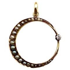 14K Gold Victorian Pearl and Diamond Crescent Moon Pendant 