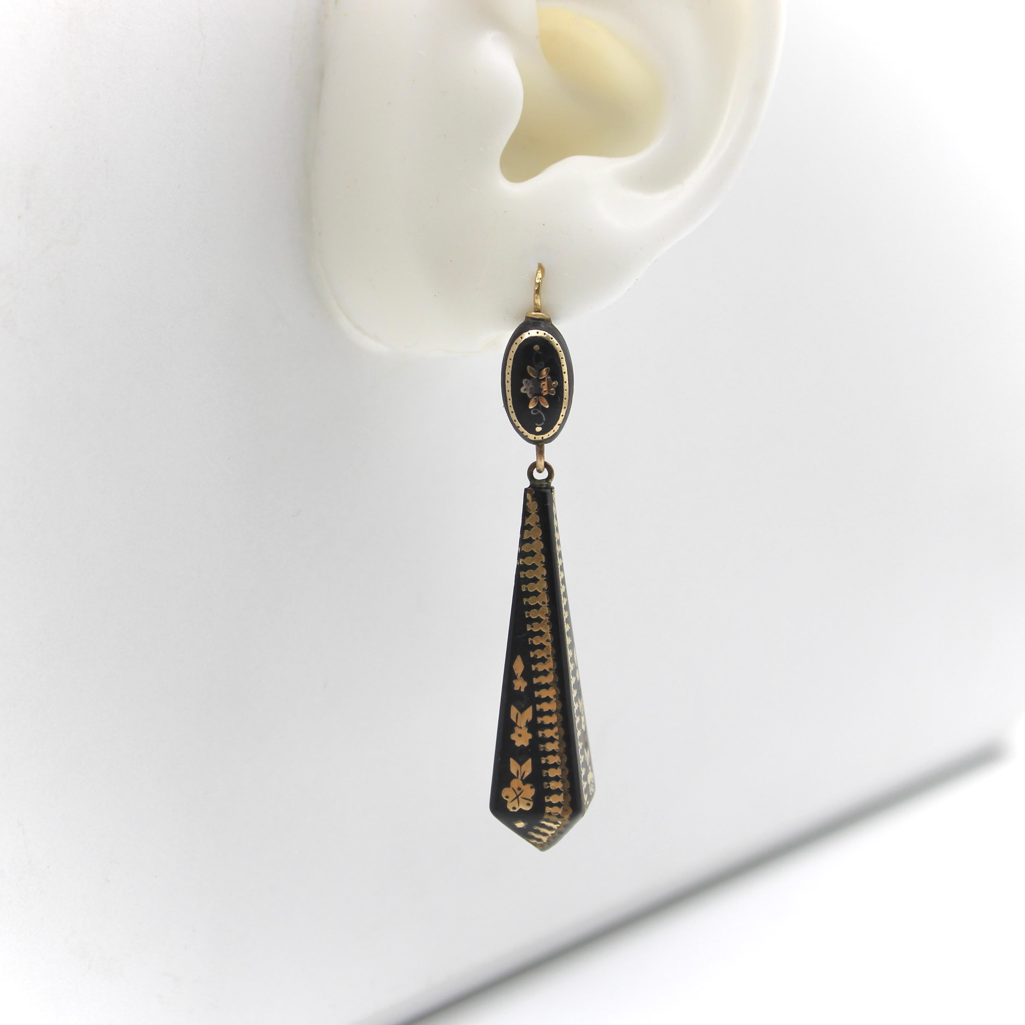 Women's 14K Gold Victorian Pique Geometric Dangle Earrings, circa 1880 For Sale