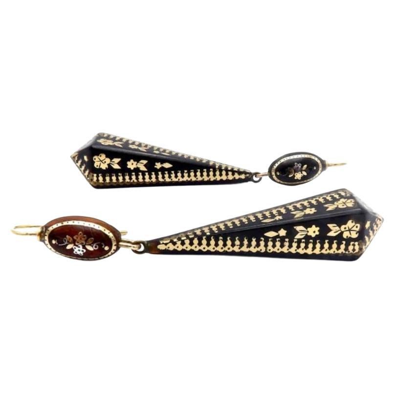 14K Gold Victorian Pique Geometric Dangle Earrings, circa 1880