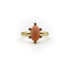 14K Gold Victorian Ring with Diamonds and Pink Coral Cabochon