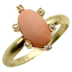 14K Gold Victorian Ring with Diamonds and Pink Coral Cabochon