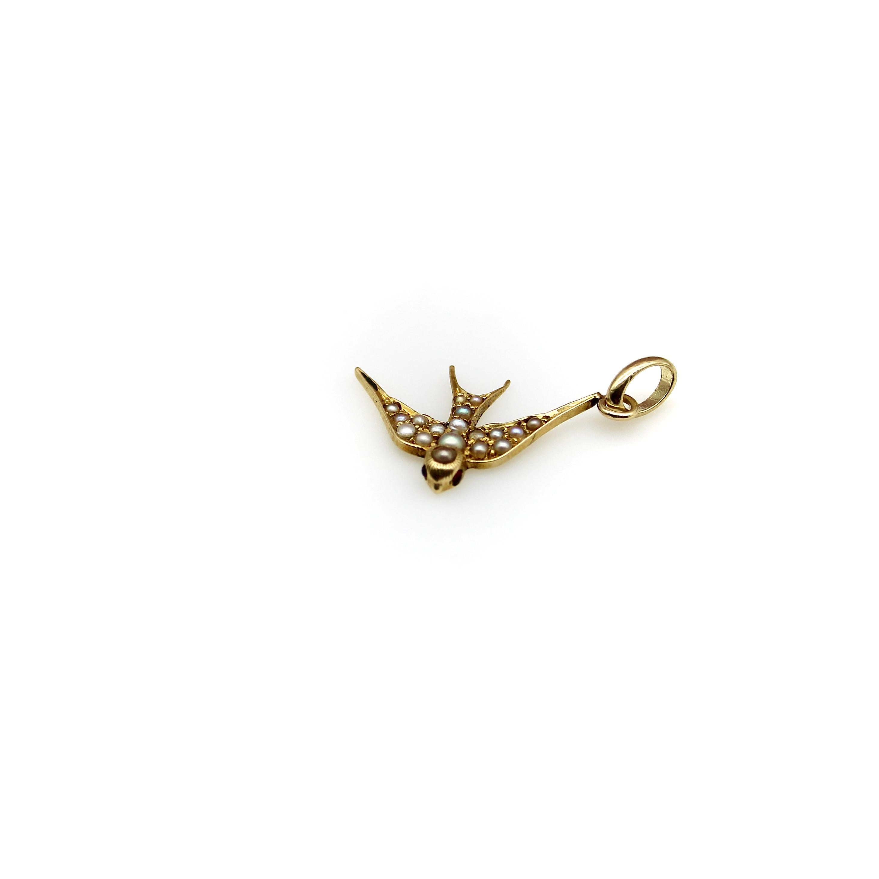 Women's or Men's 14k Gold Victorian Seed Pearl Swallow Charm