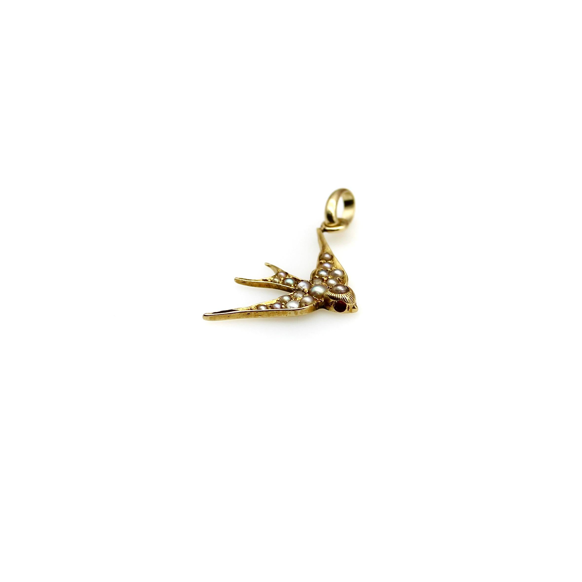 14k Gold Victorian Seed Pearl Swallow Charm 1