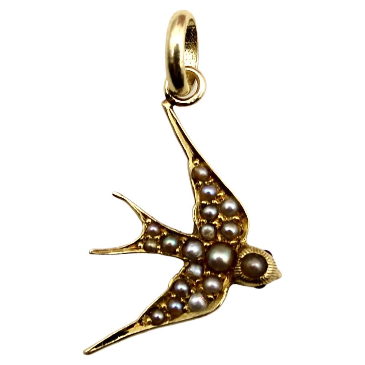 14k Gold Victorian Seed Pearl Swallow Charm