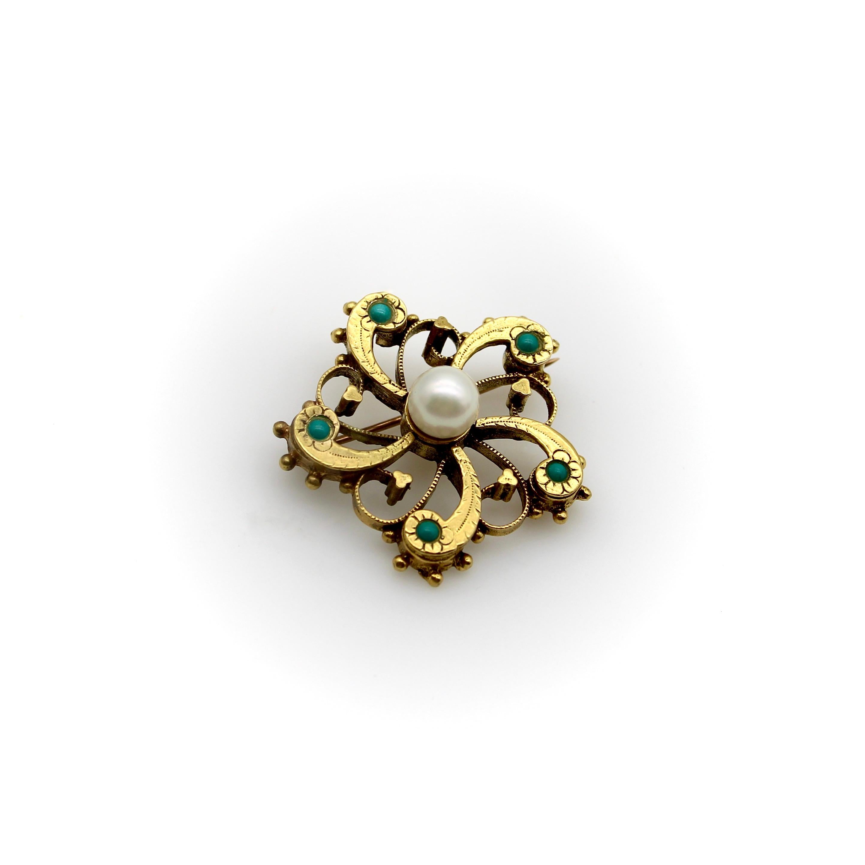 Cabochon 14k Gold Victorian Undulating Turquoise and Pearl Flower Pin For Sale