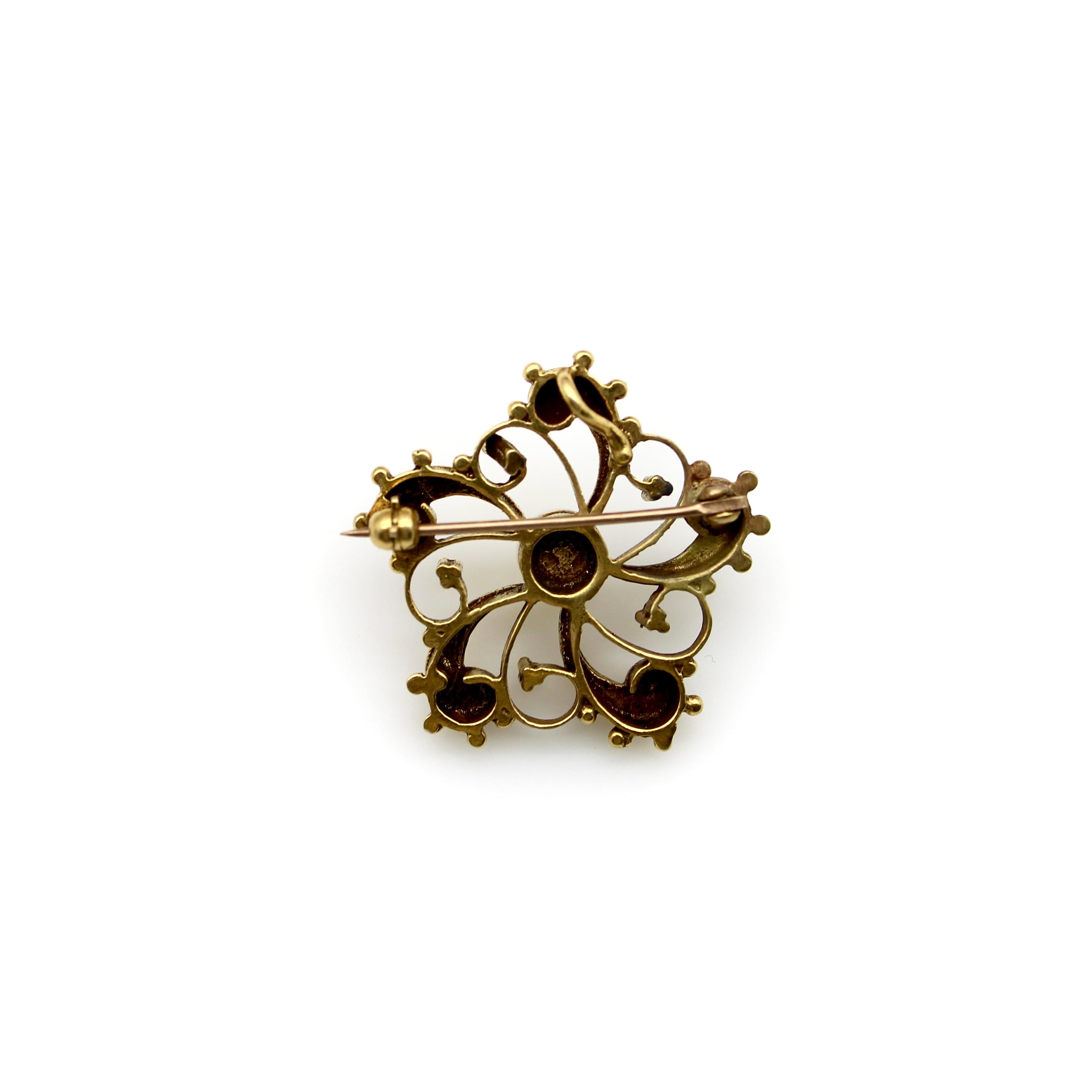 14k Gold Victorian Undulating Turquoise and Pearl Flower Pin In Good Condition For Sale In Venice, CA