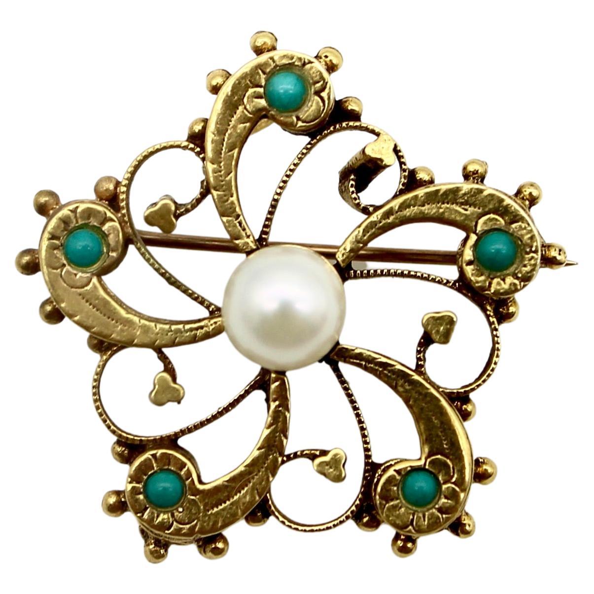 14k Gold Victorian Undulating Turquoise and Pearl Flower Pin