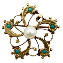 Antique 14k Gold Victorian Undulating Turquoise and Pearl Flower Pin