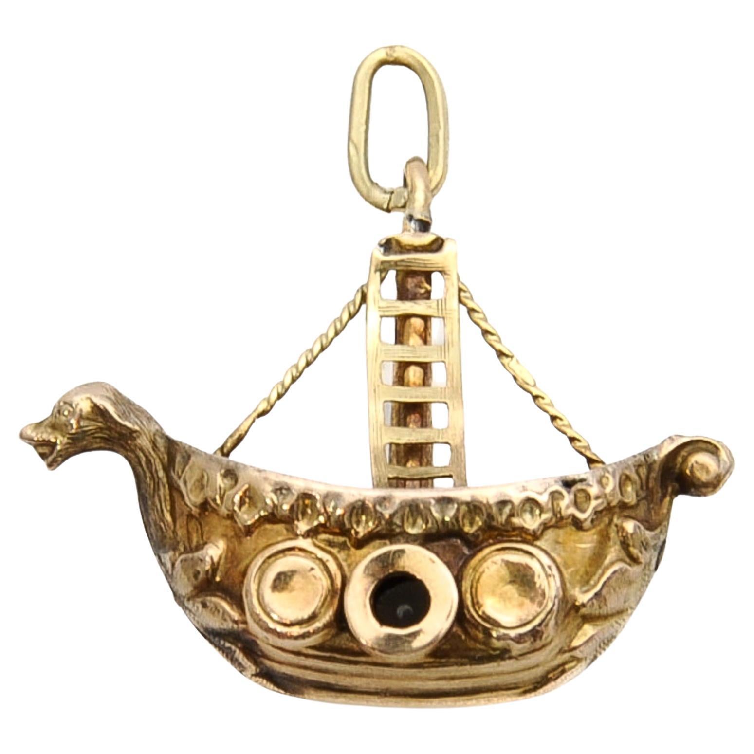 Mid-Century 14K Gold Viking Ship Charm Pendant