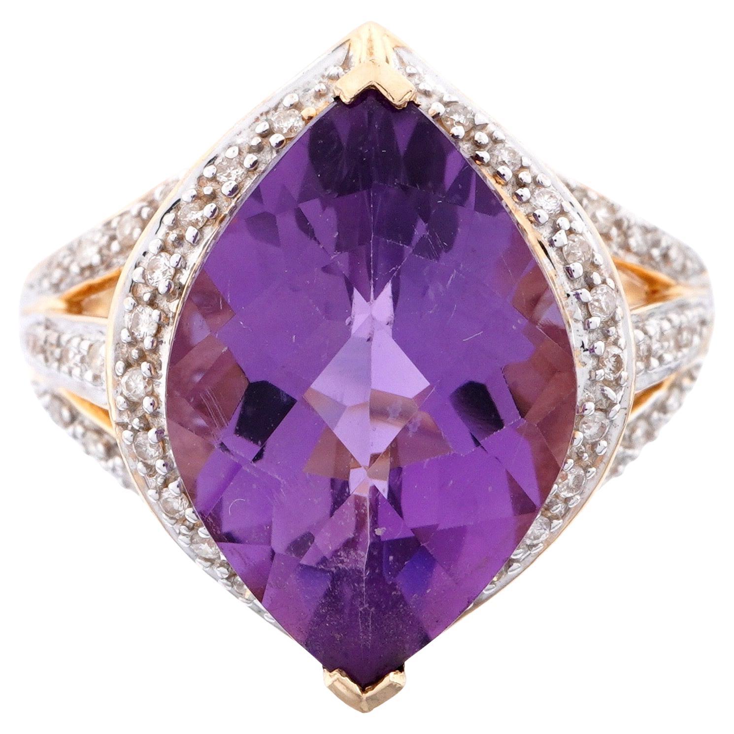 For Sale:  14K Gold Vintage Amethyst and Diamond Cocktail Ring