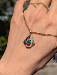14k Gold Vintage Art Deco Style Australian Black Opal Triplet Pendant