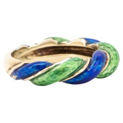 14K Gold Vintage Band with Green and Blue Enamel Swirls Twist 6.17g R6735