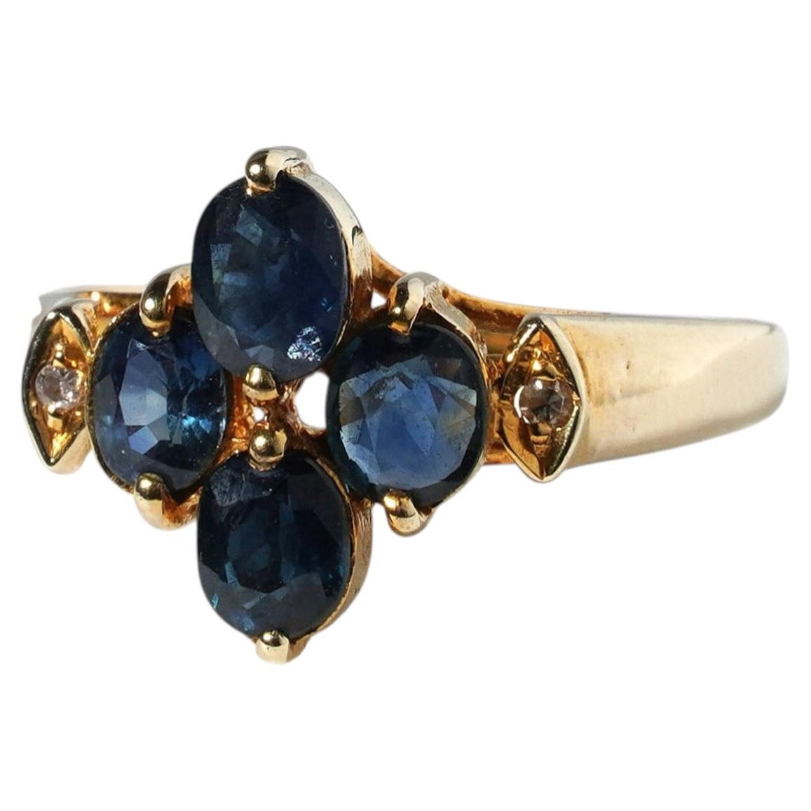 14k Gold Vintage Blue Sapphire Diamond Flower Cluster Ring Size 6 / M