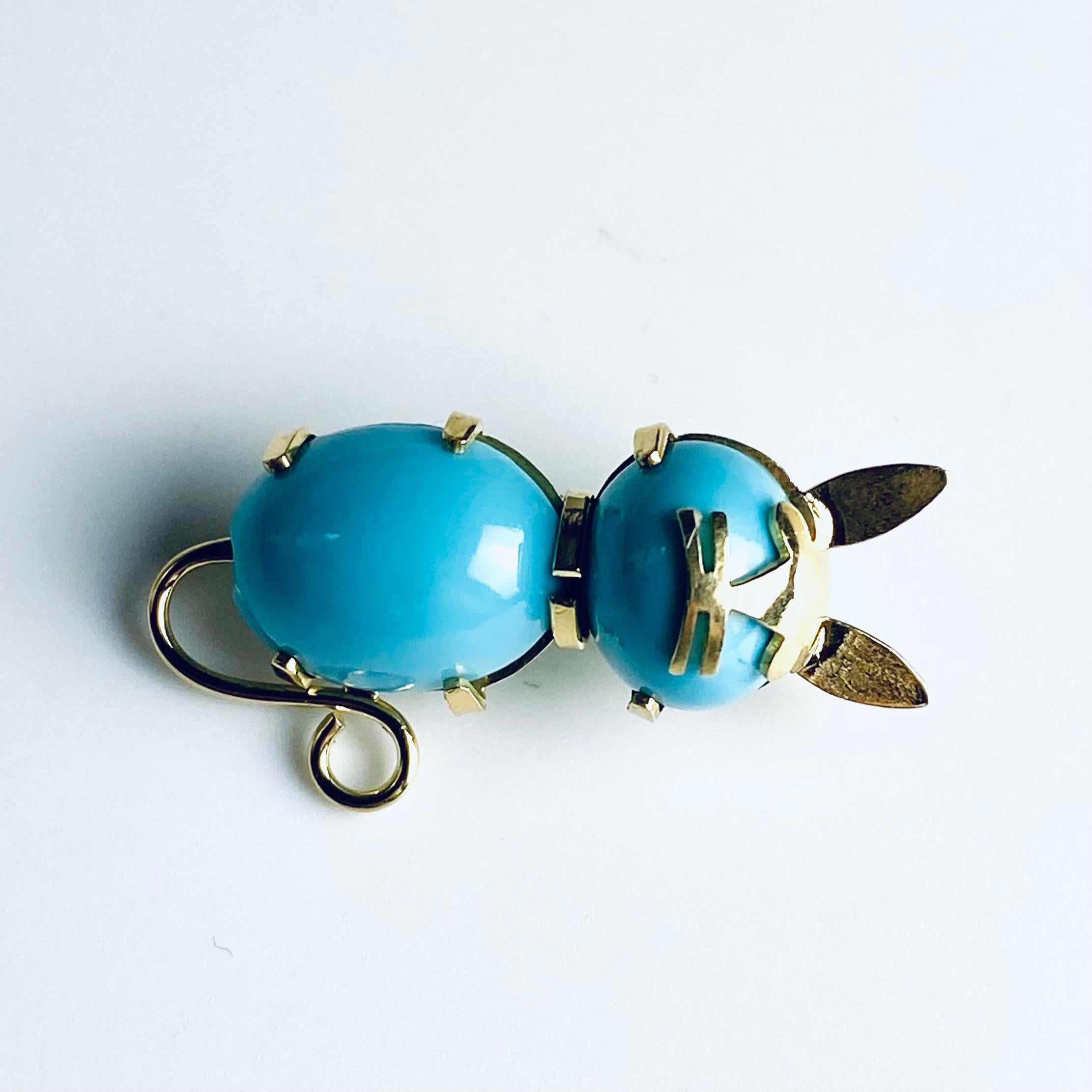 Modern 14K Gold Vintage Cat Brooch with Turquoise Body and Gold Tail