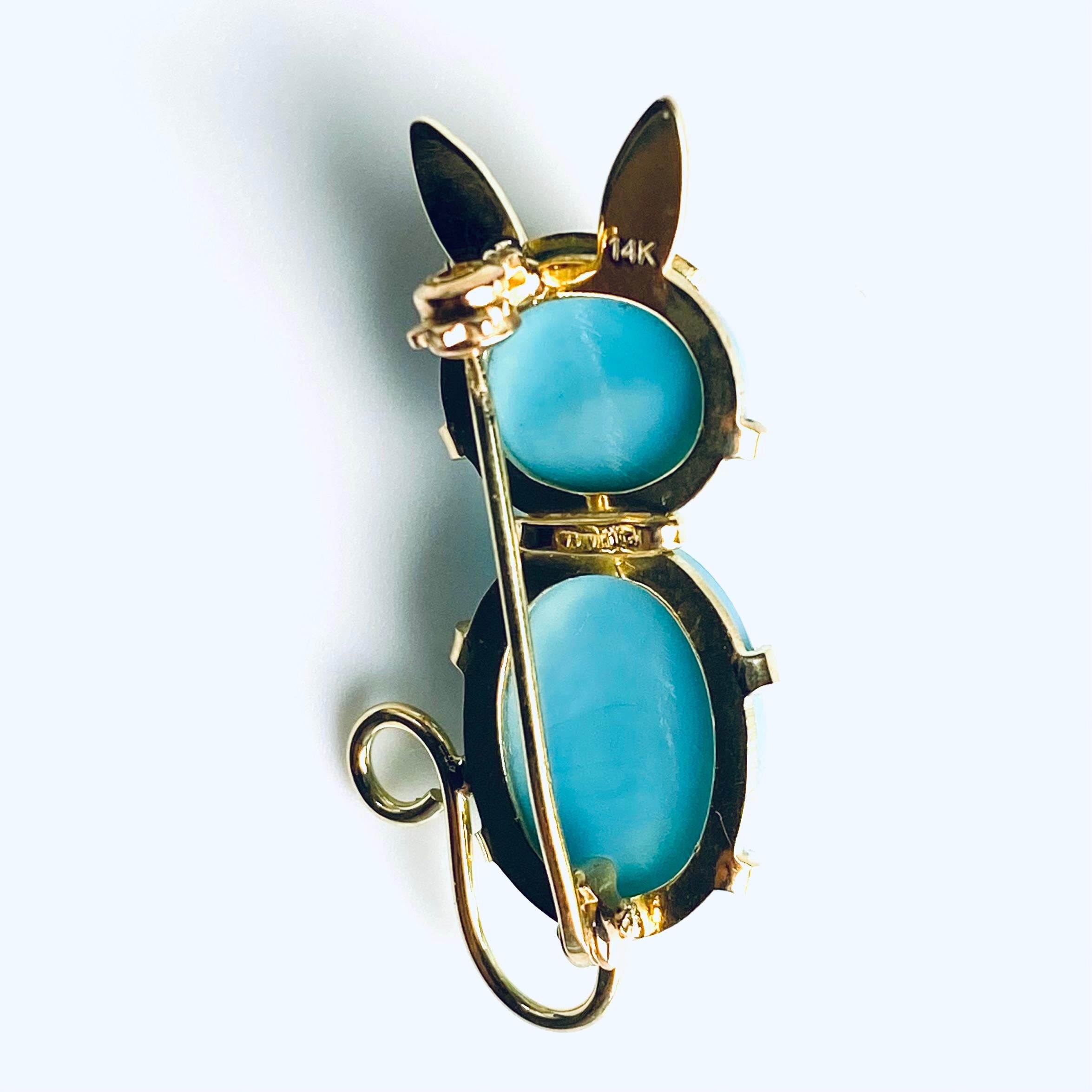 14K Gold Vintage Cat Brooch with Turquoise Body and Gold Tail In Good Condition In New York, NY