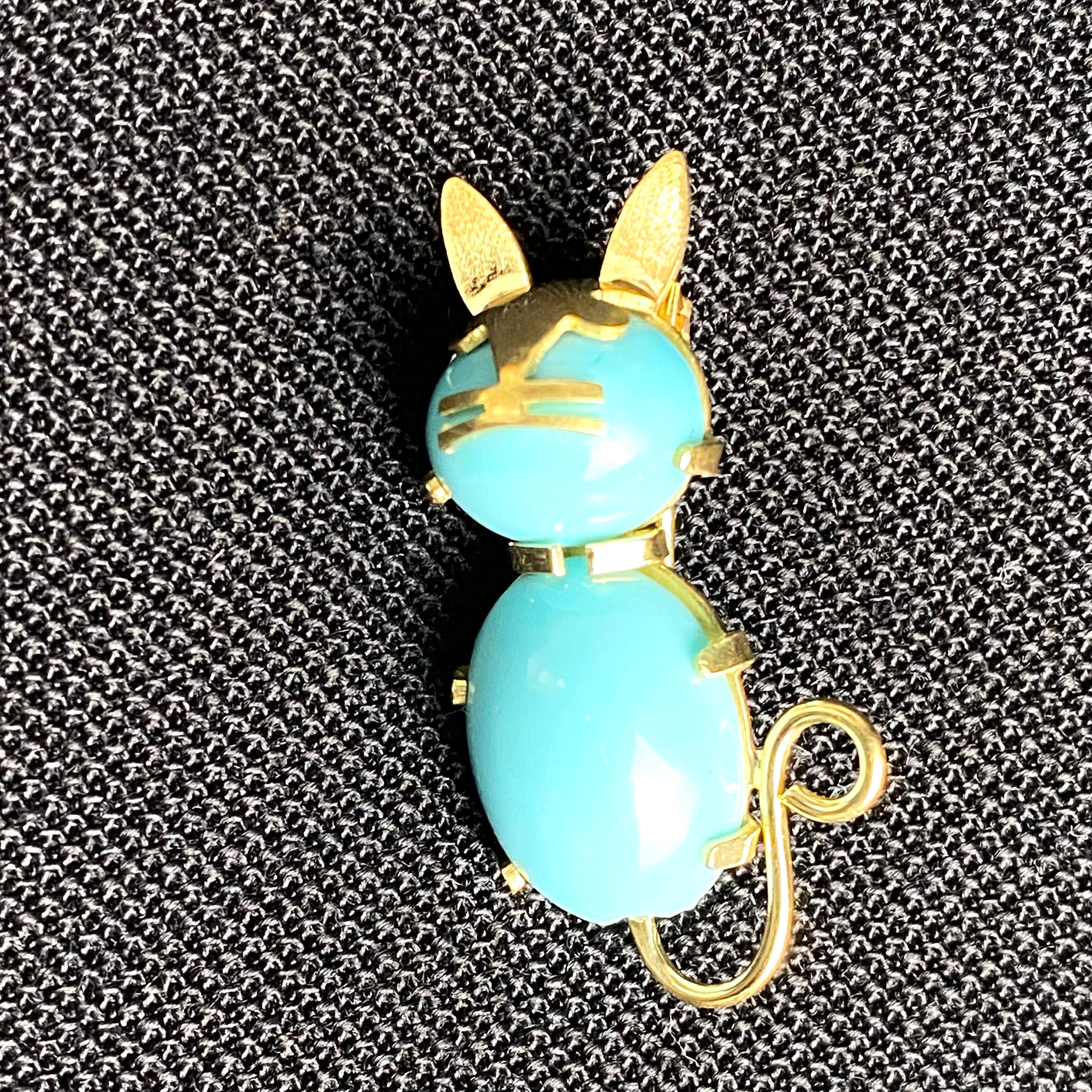 Women's or Men's 14K Gold Vintage Cat Brooch with Turquoise Body and Gold Tail
