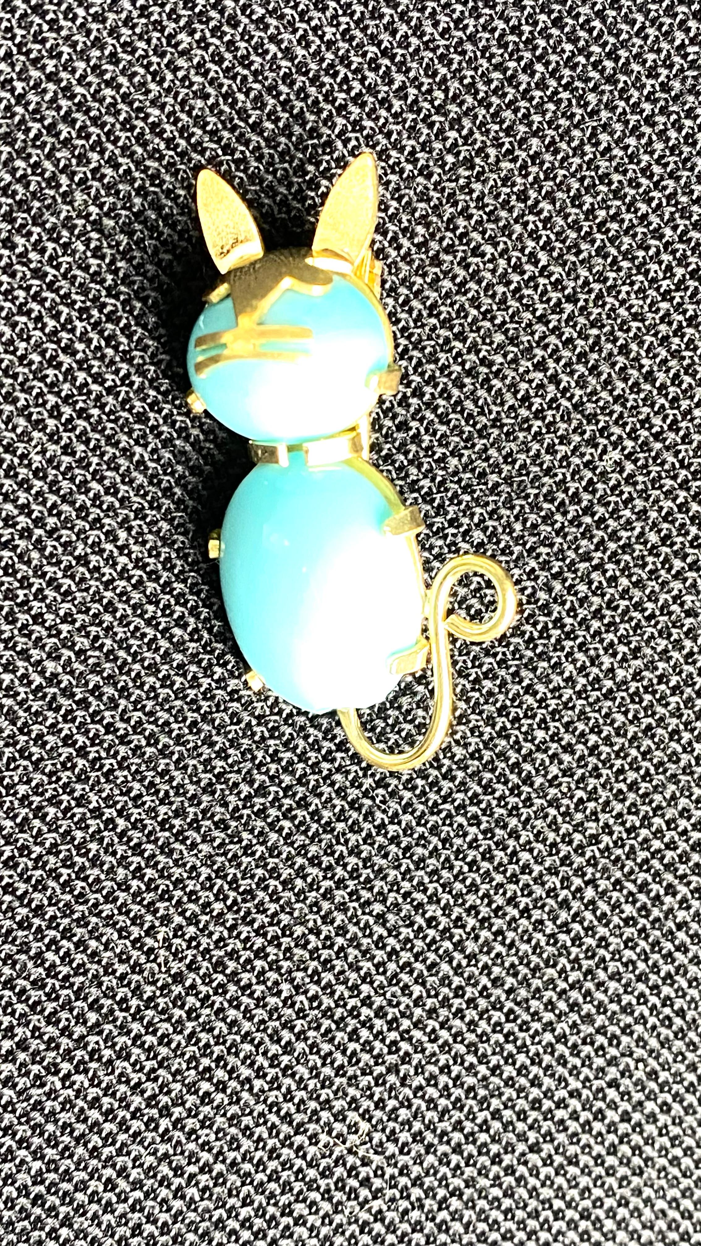 14K Gold Vintage Cat Brooch with Turquoise Body and Gold Tail 1