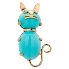 14K Gold Vintage Cat Brooch with Turquoise Body and Gold Tail