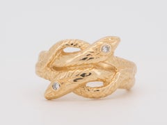 14K Gold Vintage Double Snake Intertwined Ring with Diamonds Coil Serpent