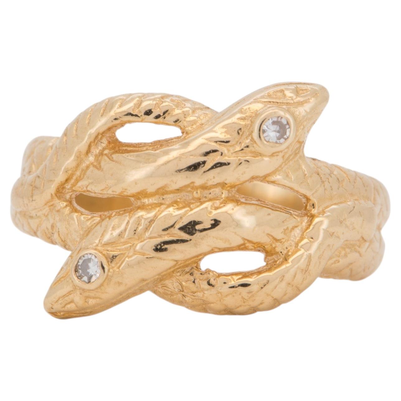 Vintage-Ring aus 14-karätigem Gold mit zwei ineinander verschlungenen Schlangen und Diamanten – gewundene Schlange