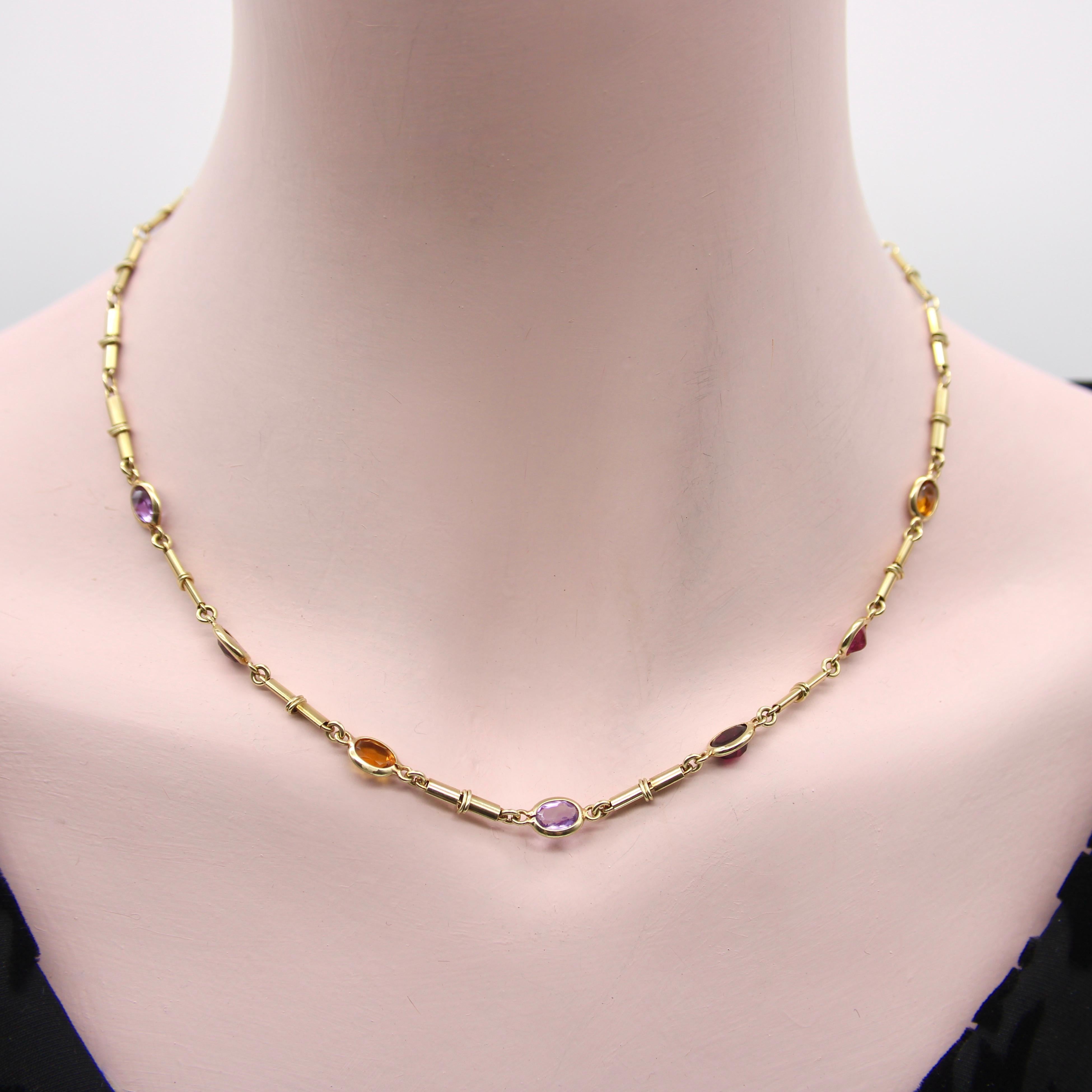 Women's or Men's 14K Gold Vintage Italian Multi-Gemstone Necklace  For Sale