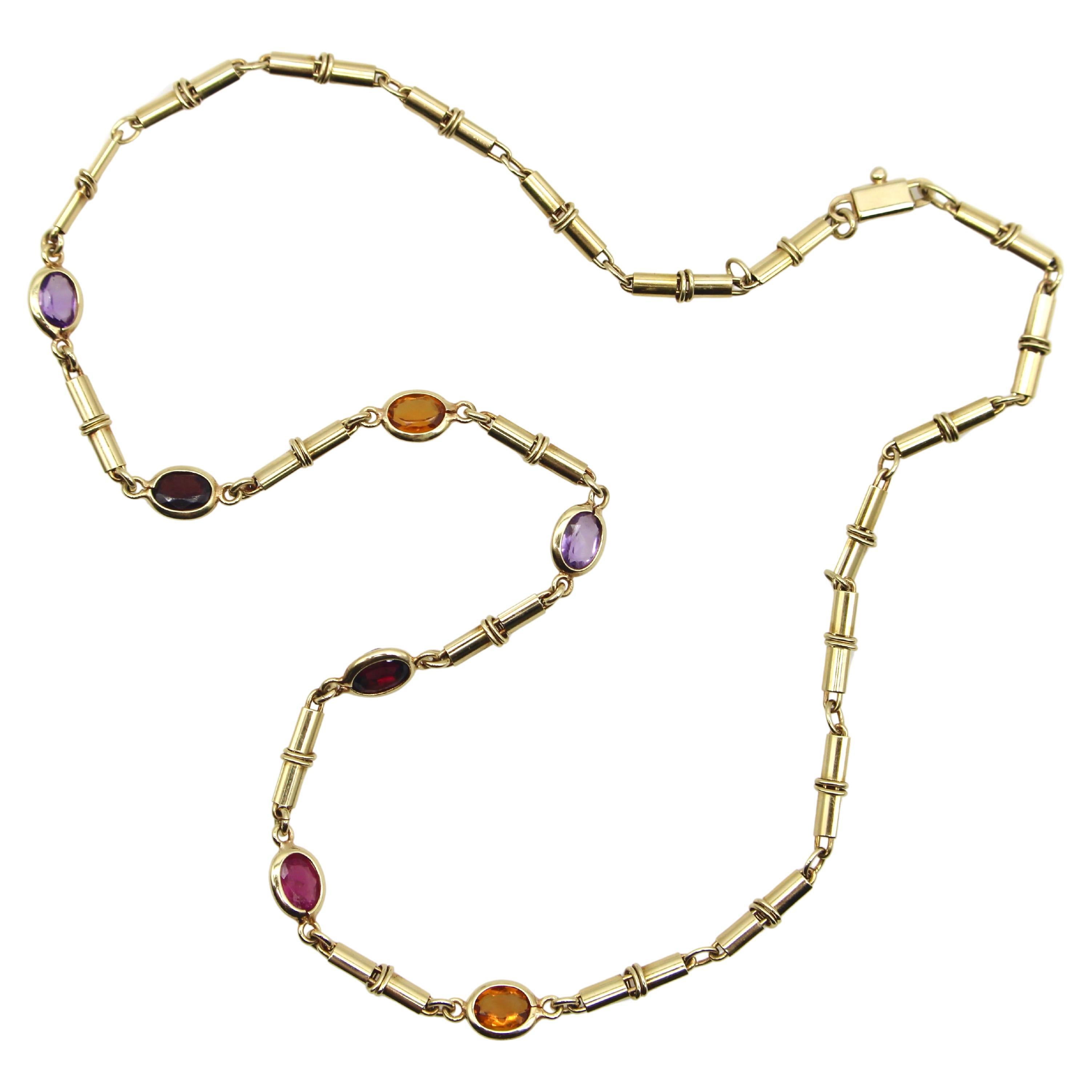 14K Gold Vintage Italian Multi-Gemstone Necklace 