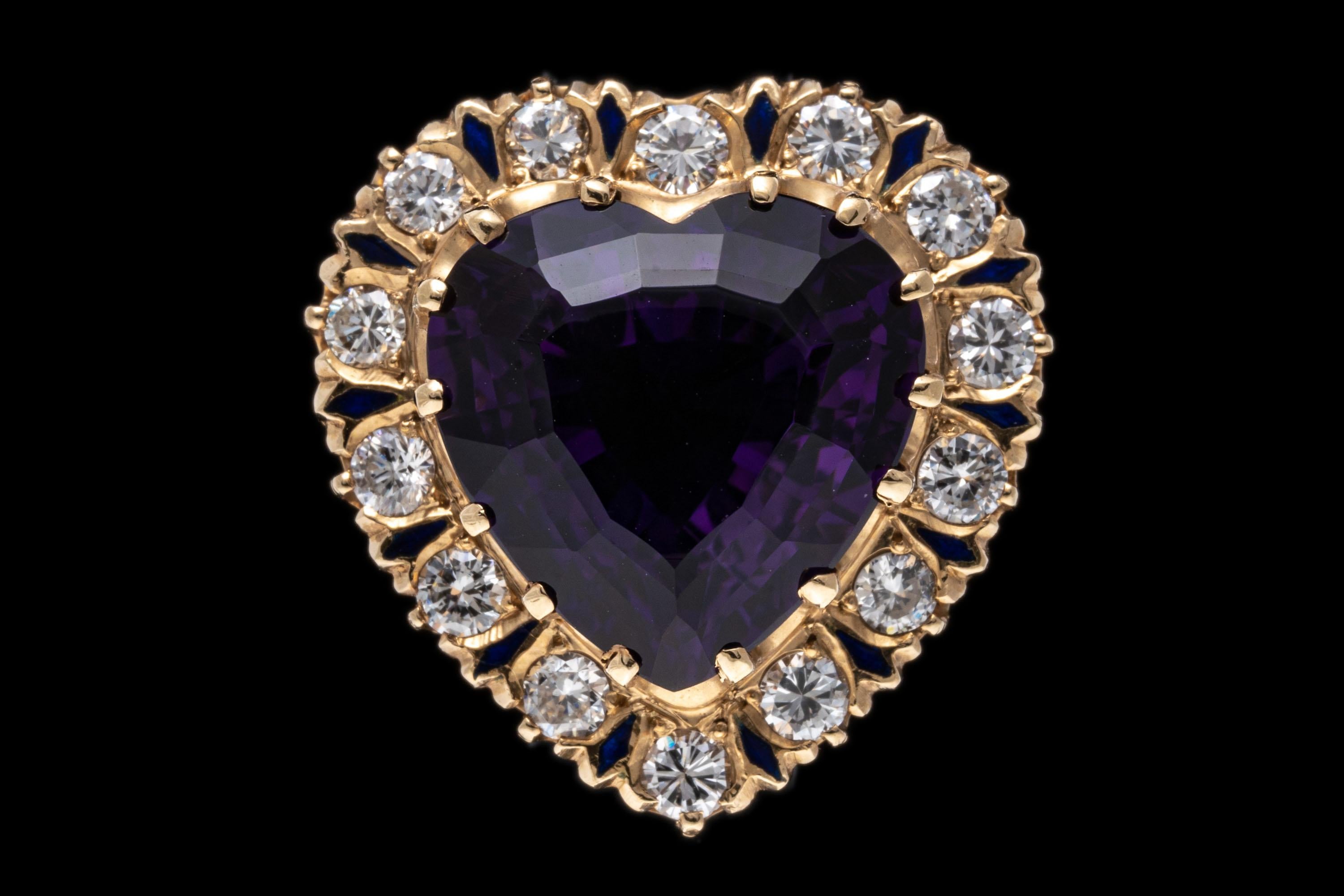 14k Gold Vintage Large Heart Motif Amethyst, Diamond and Enamel Ring For Sale 4