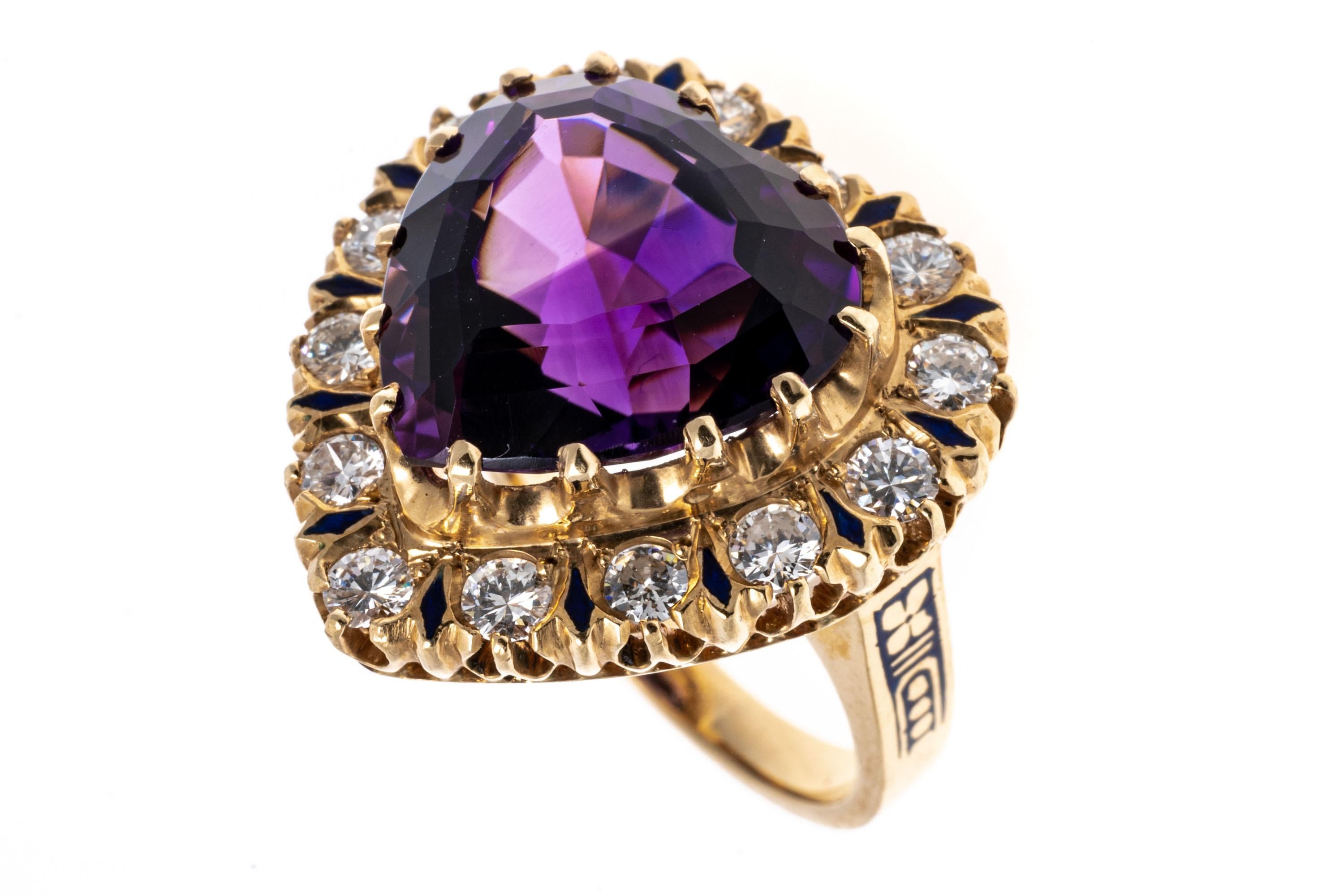 14k yellow gold ring. The spectacular vintage ring is a heart shaped motif, featuring a heart shaped faceted, dark purple color amethyst center, approximately 8.08 CTS, prong set, and decorated with a halo of alternating large round brilliant cut