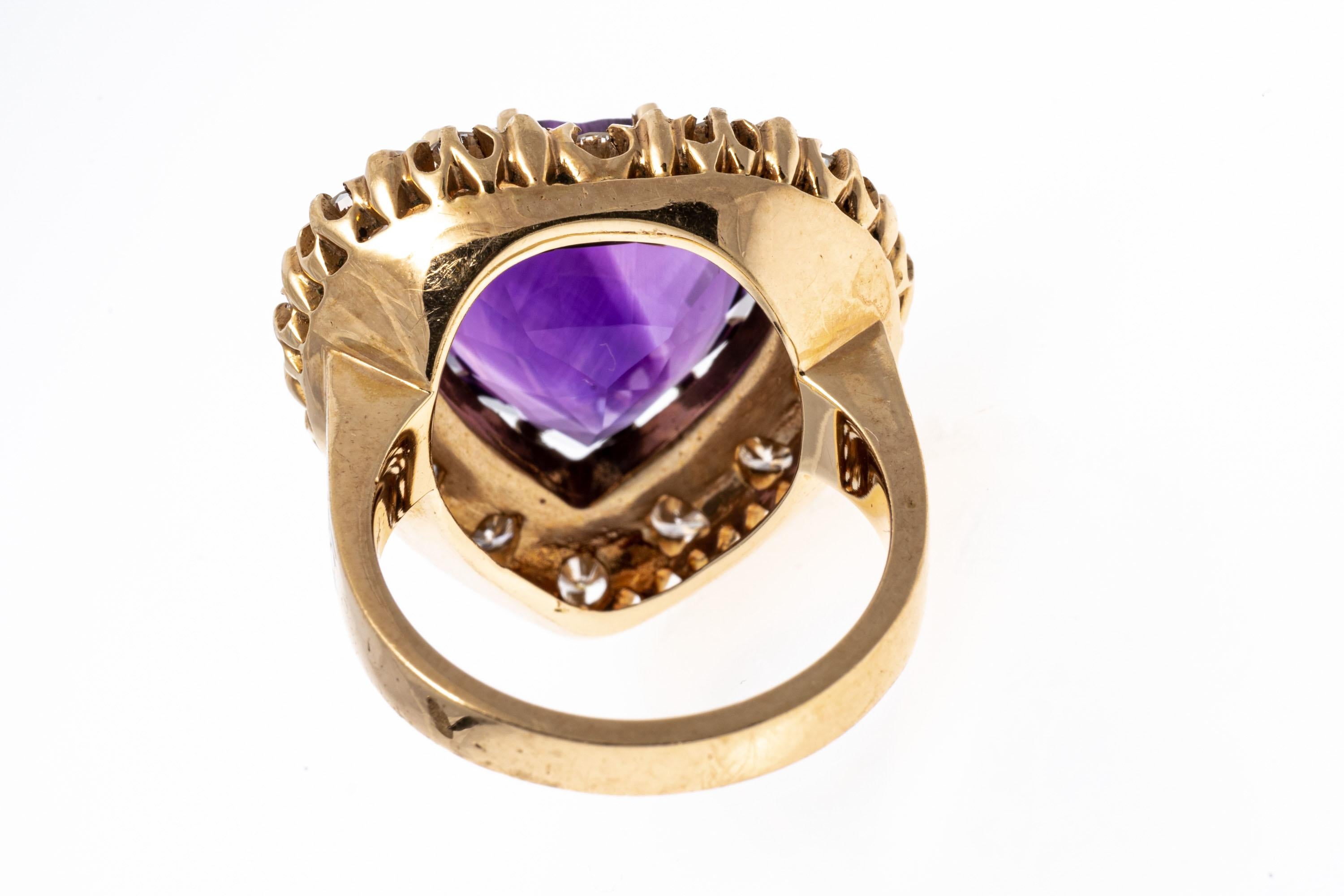 Retro 14k Gold Vintage Large Heart Motif Amethyst, Diamond and Enamel Ring For Sale