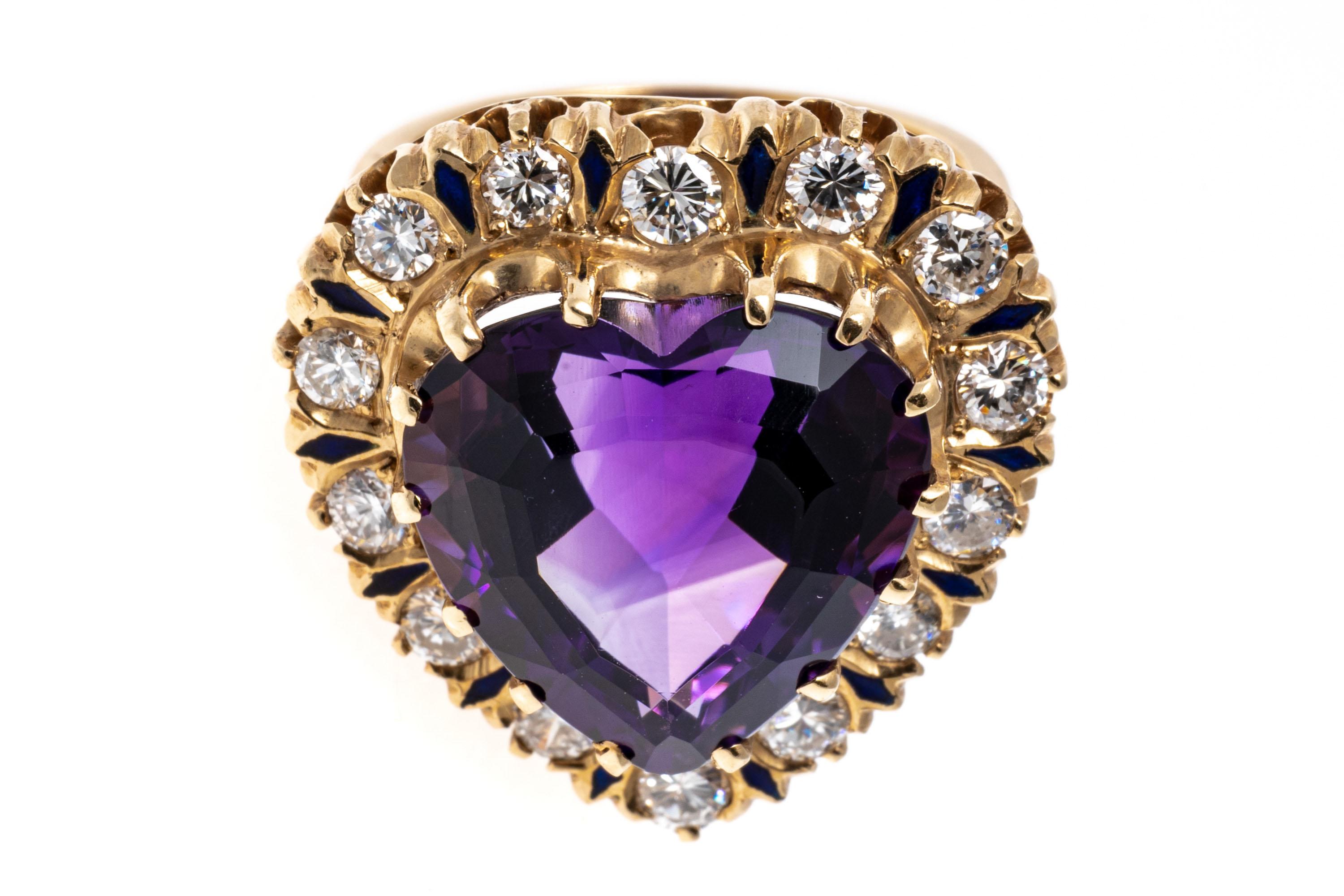 14k Gold Vintage Large Heart Motif Amethyst, Diamond and Enamel Ring In Good Condition For Sale In Southport, CT