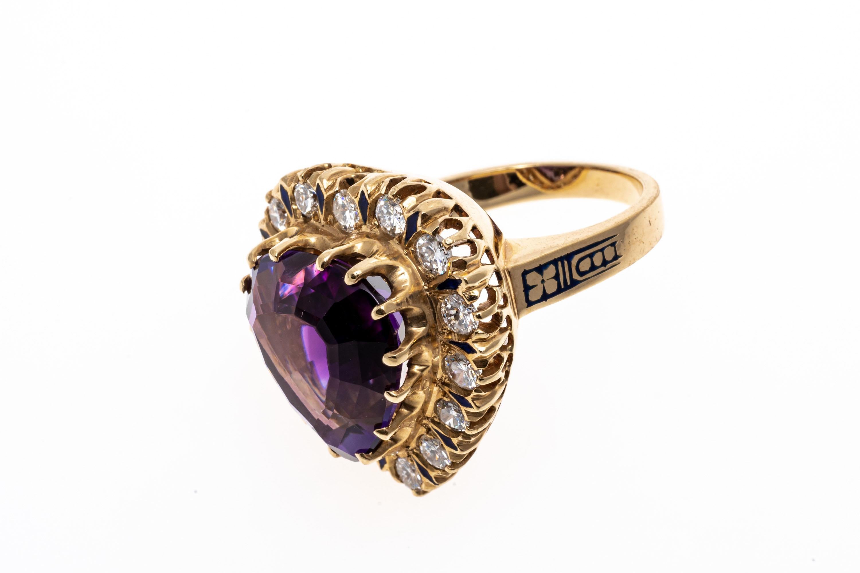 14k Gold Vintage Large Heart Motif Amethyst, Diamond and Enamel Ring For Sale 2