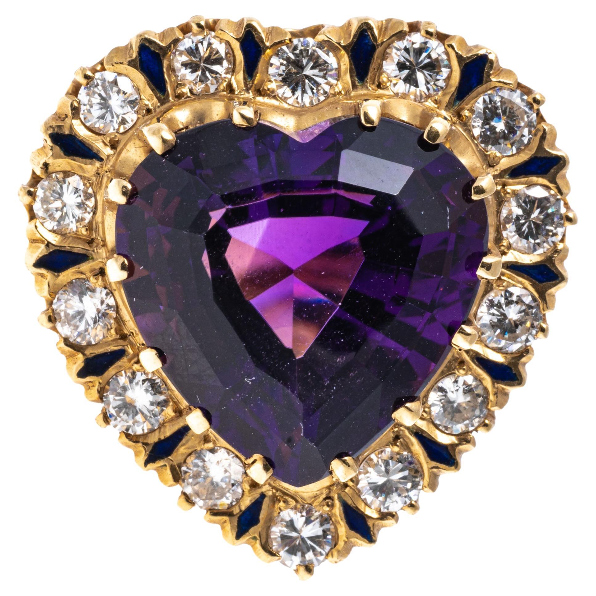 14k Gold Vintage Large Heart Motif Amethyst, Diamond and Enamel Ring