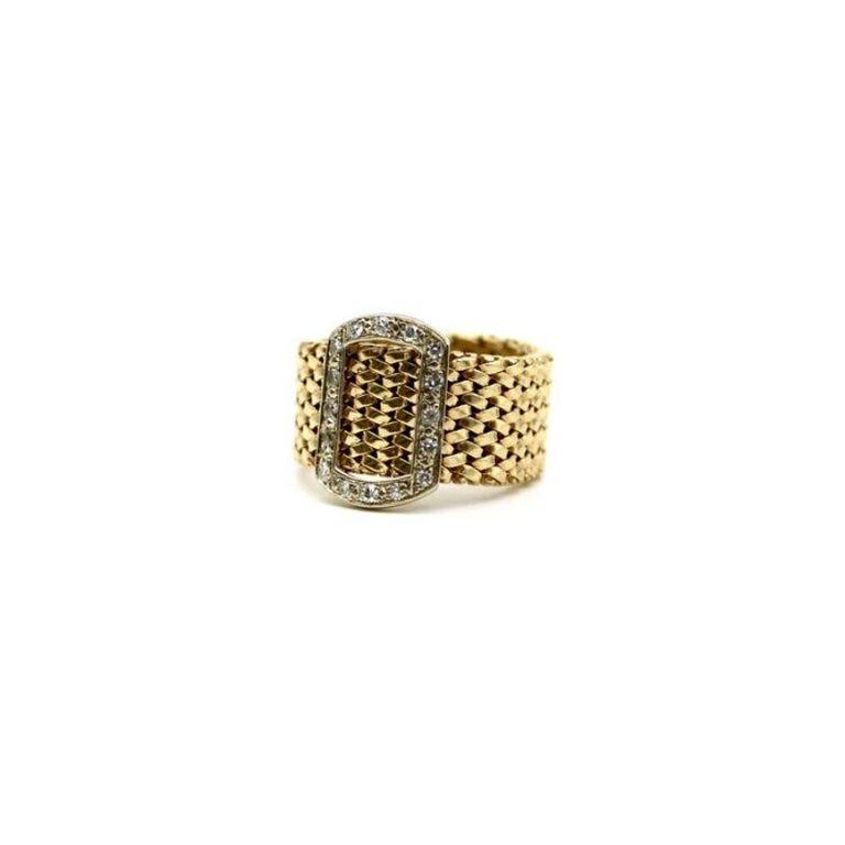 Contemporary 14K Gold Vintage Mesh Diamond Buckle Ring For Sale
