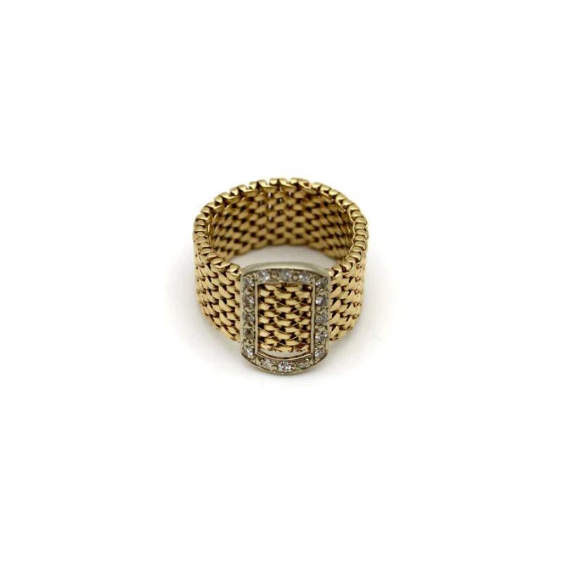 Contemporary 14K Gold Vintage Mesh Diamond Buckle Ring For Sale