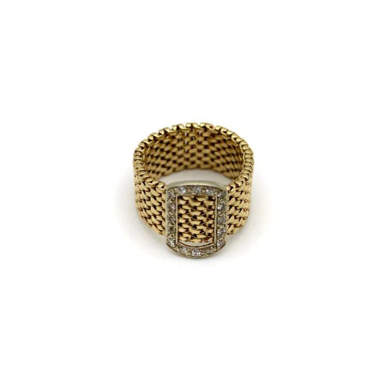 14K Gold Vintage Mesh Diamond Buckle Ring In Good Condition For Sale In Venice, CA