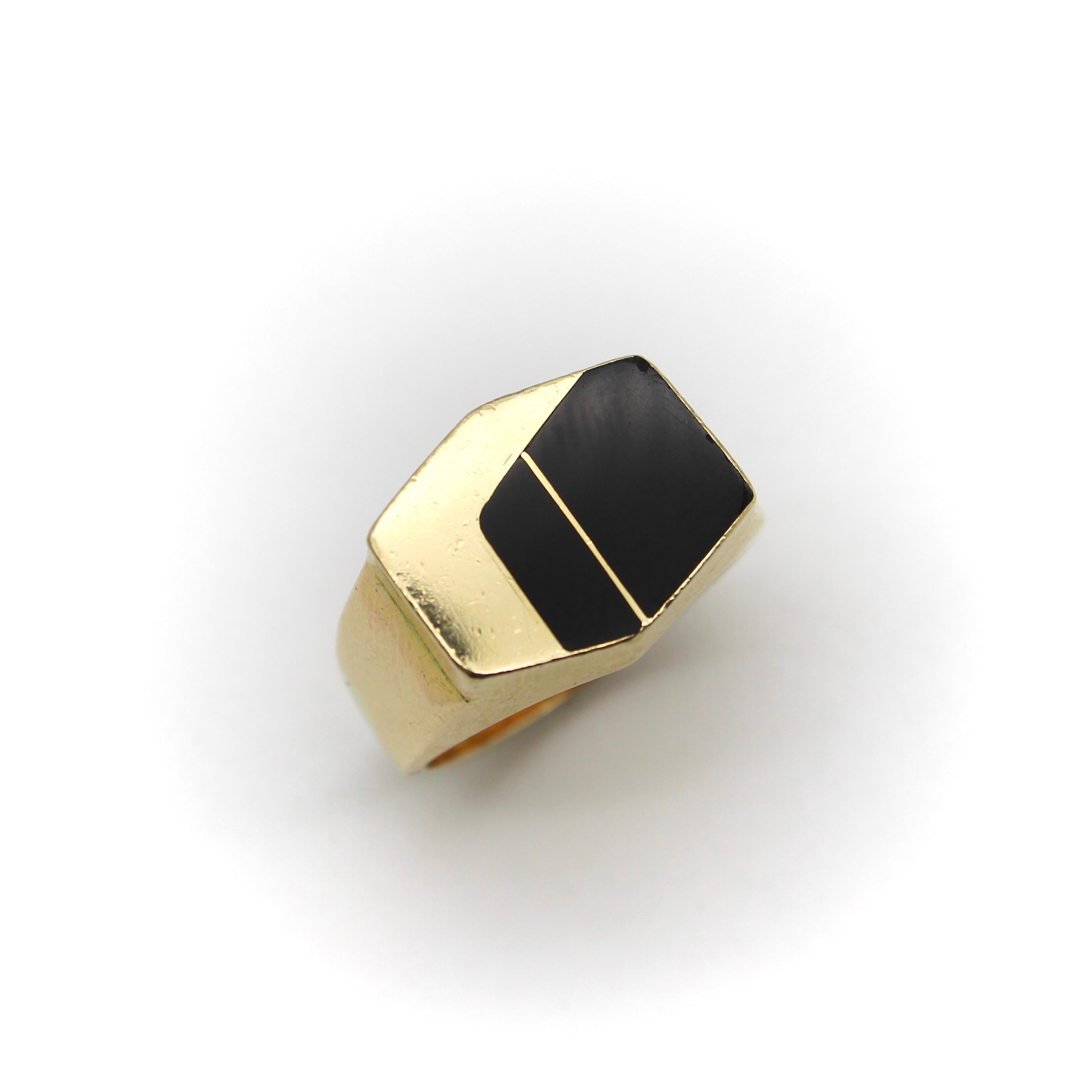 14K Gold Vintage Modernistischer Onyx-Ring mit Intarsien (Gemischter Schliff)