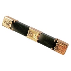 14k Gold Vintage New Zealand Green Jade Bar Brooch Pin Engraved Handmade