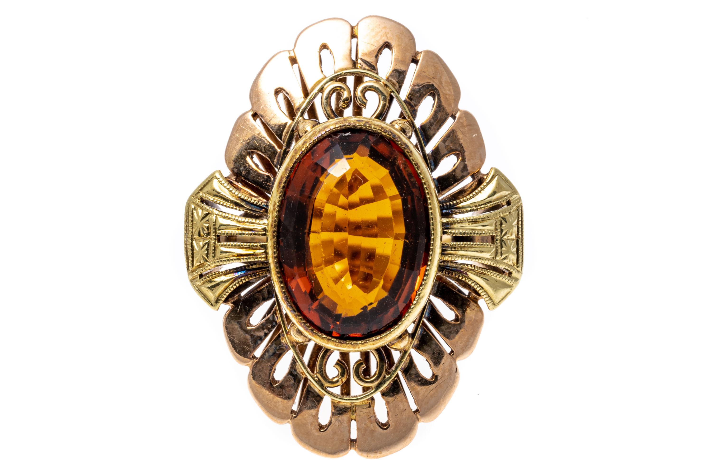 Retro 14k Gold Vintage Oval Orange Citrine And Art Deco Flower Form Ring