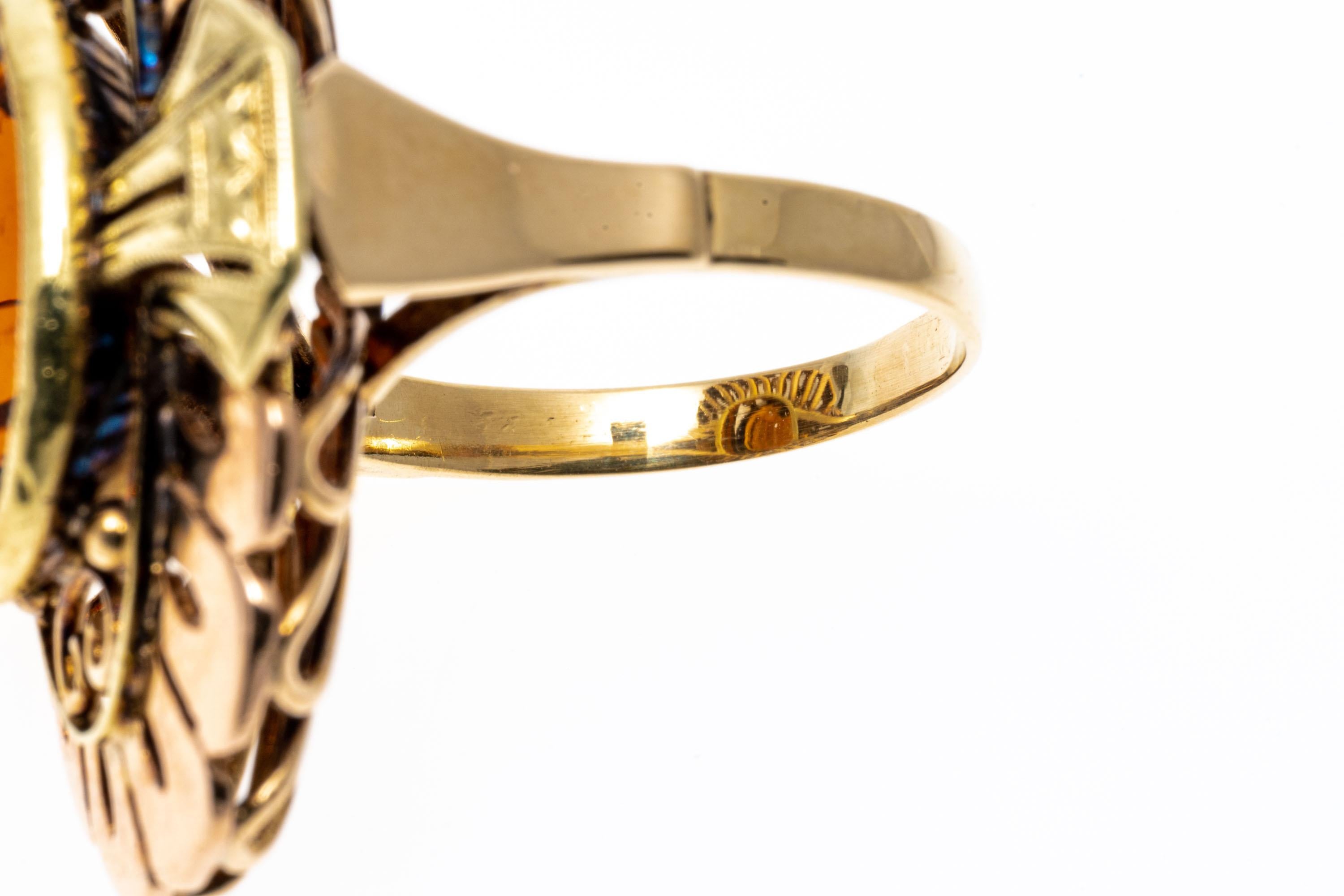 Women's 14k Gold Vintage Oval Orange Citrine And Art Deco Flower Form Ring