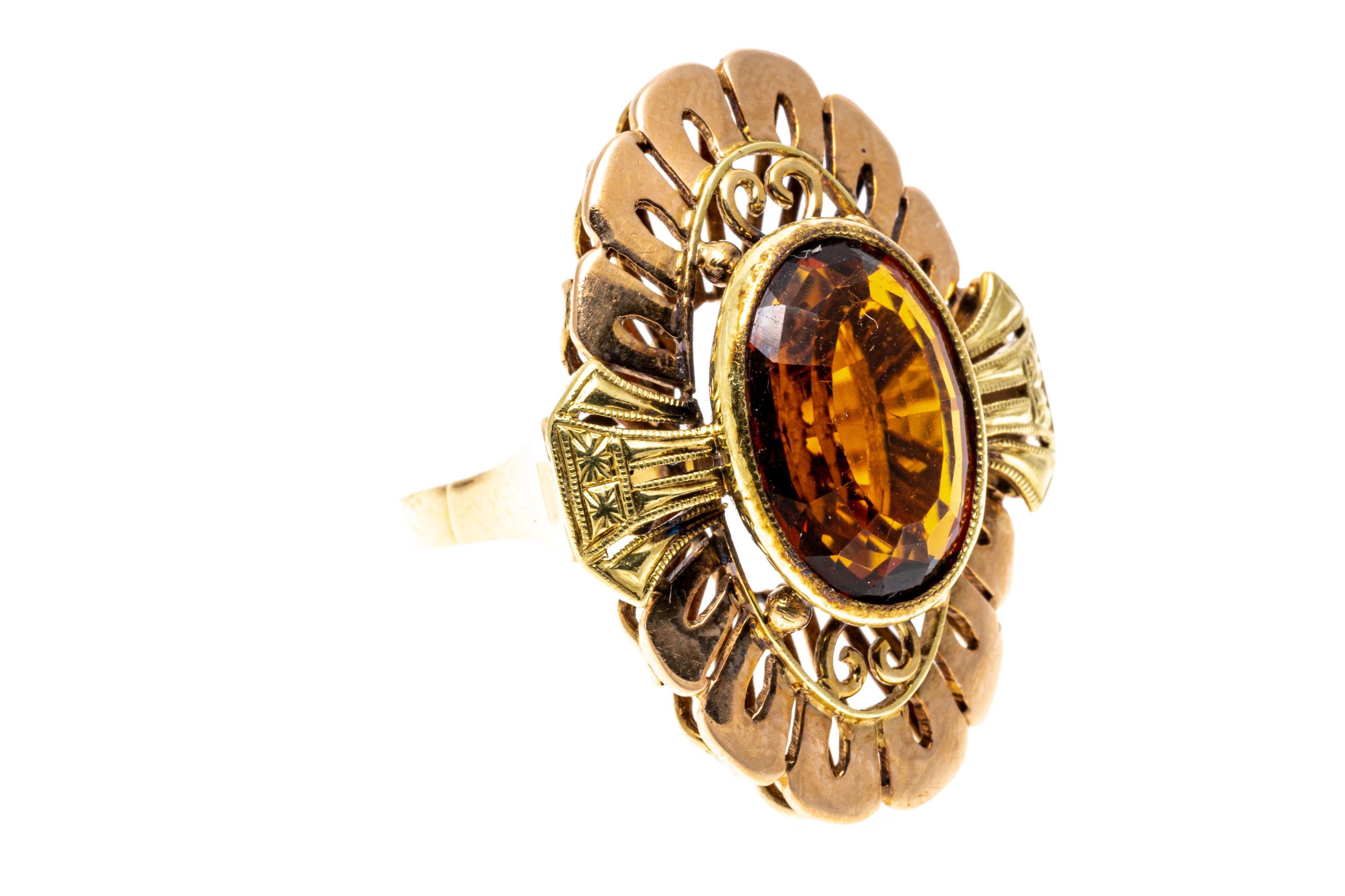 14k Gold Vintage Oval Orange Citrine And Art Deco Flower Form Ring 2