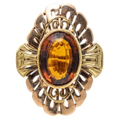 14k Gold Vintage Oval Orange Citrine And Art Deco Flower Form Ring