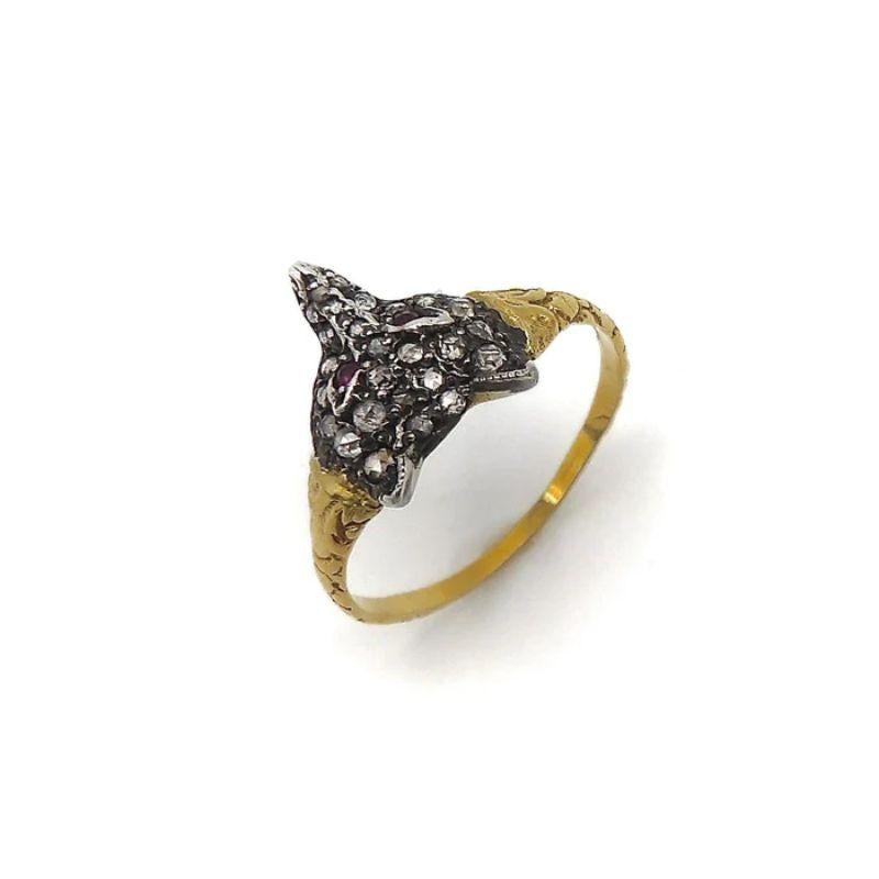 14k Gold Vintage Pavé-Diamant- und Rubin-Fischkopf-Ring (Rosenschliff) im Angebot