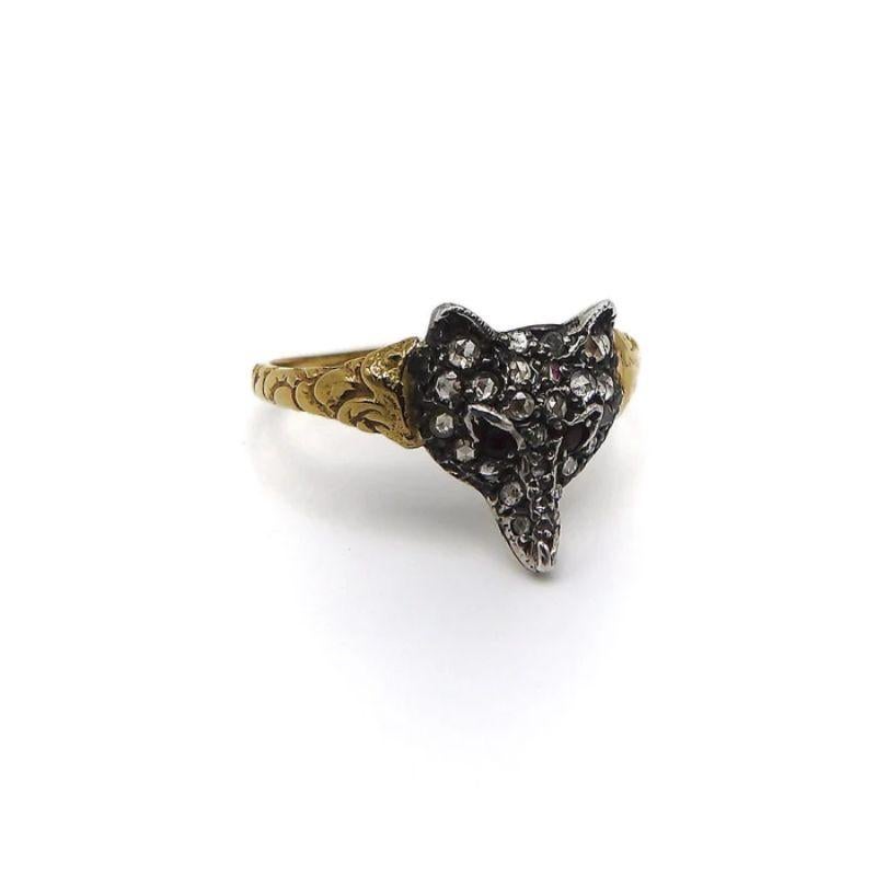 Rose Cut 14k Gold Vintage Pave Diamond and Ruby Fox Head Ring For Sale